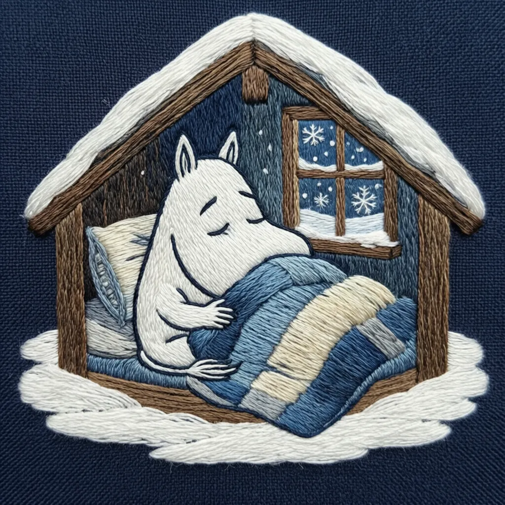 Нейропревью дизайна машинной вышивки Муми-тролль.