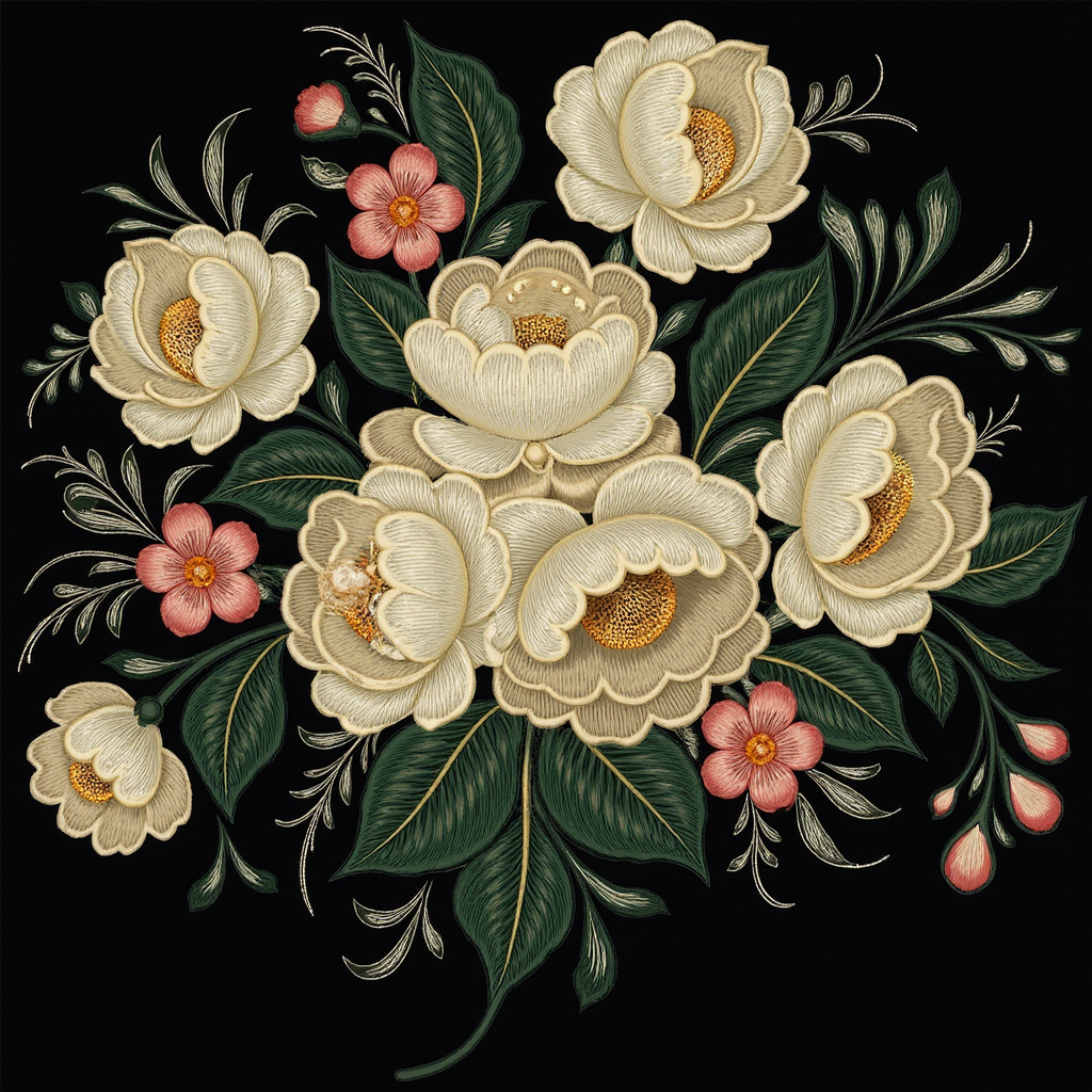 Нейропревью машинной вышивки в технике Жостово.