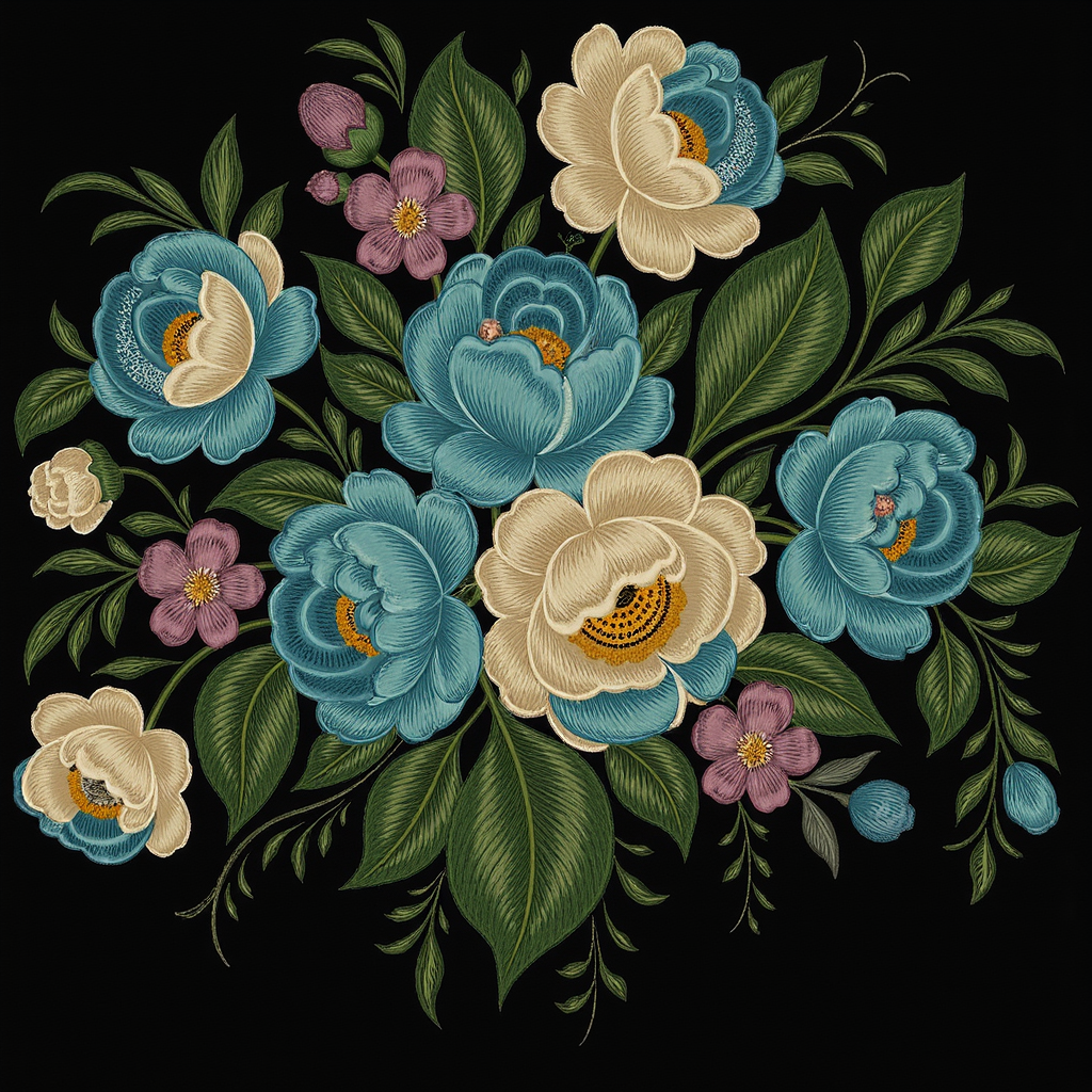 Нейропревью машинной вышивки в технике Жостово.