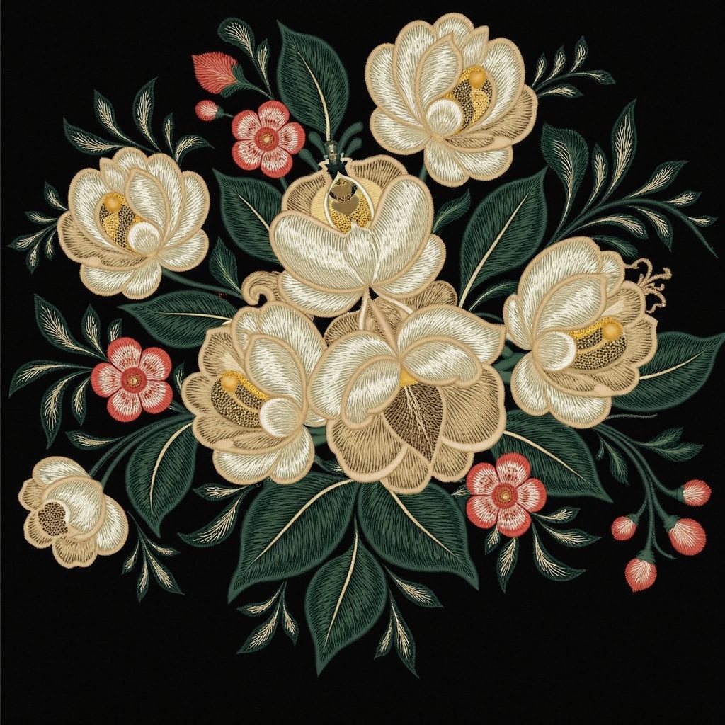 Нейропревью машинной вышивки в технике Жостово.