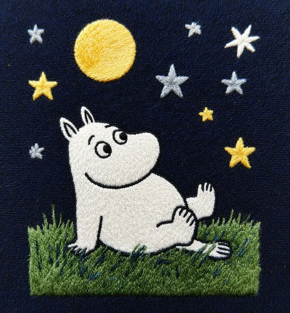 Нейропревью дизайнов машинной вышивки Муми-тролль на базе Flux.