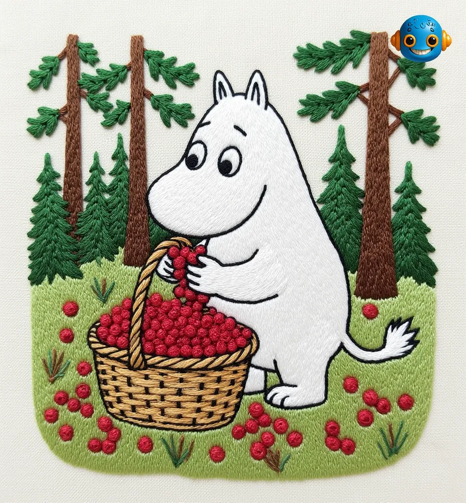 Нейропревью дизайнов машинной вышивки Муми-тролль на базе Flux.