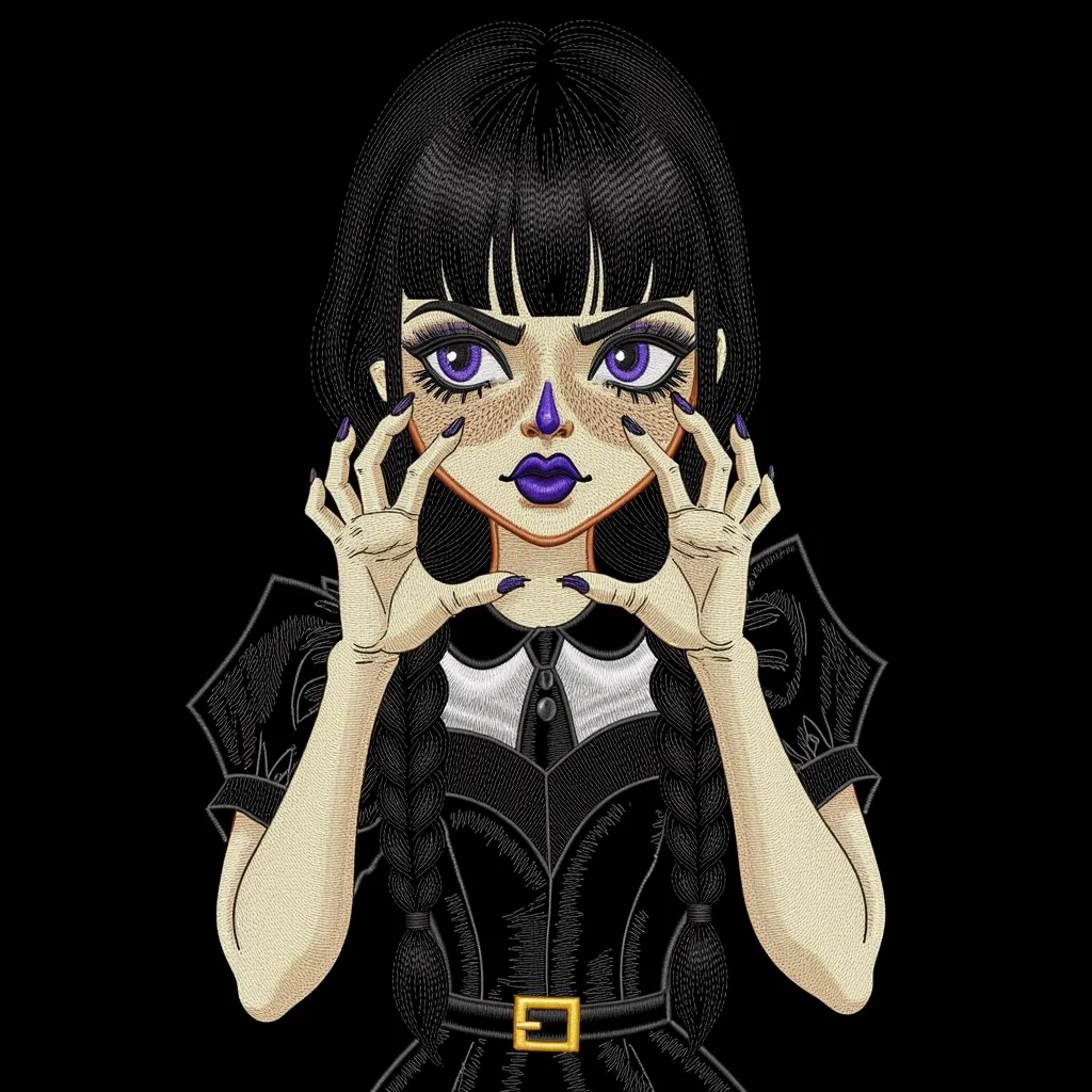 Нейропревью машинной вышивки в стиле Уэнсдей Аддамс.