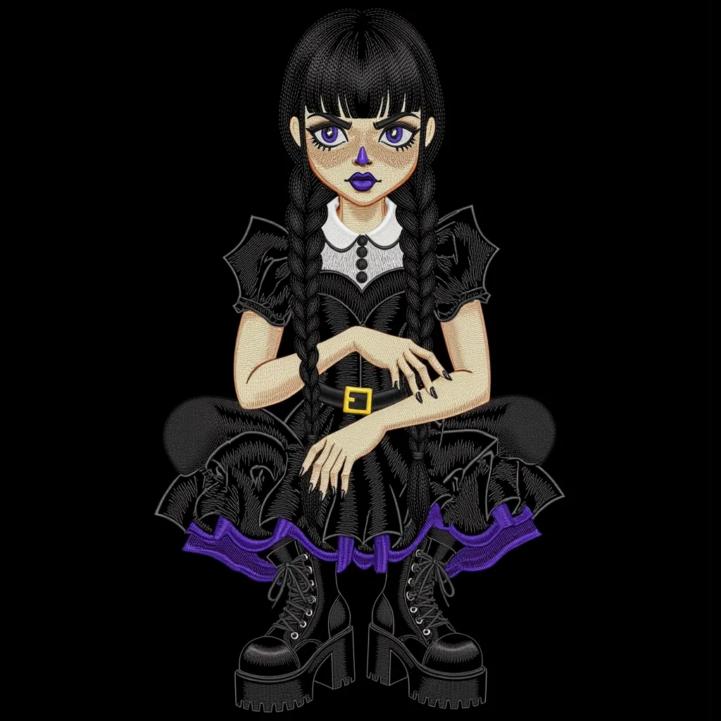 Нейропревью машинной вышивки в стиле Уэнсдей Аддамс.