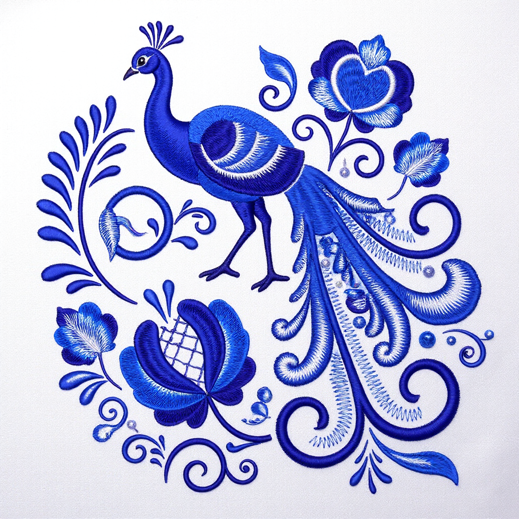 Гжеллино LoRA — гжельские мотивы в машинной вышивке