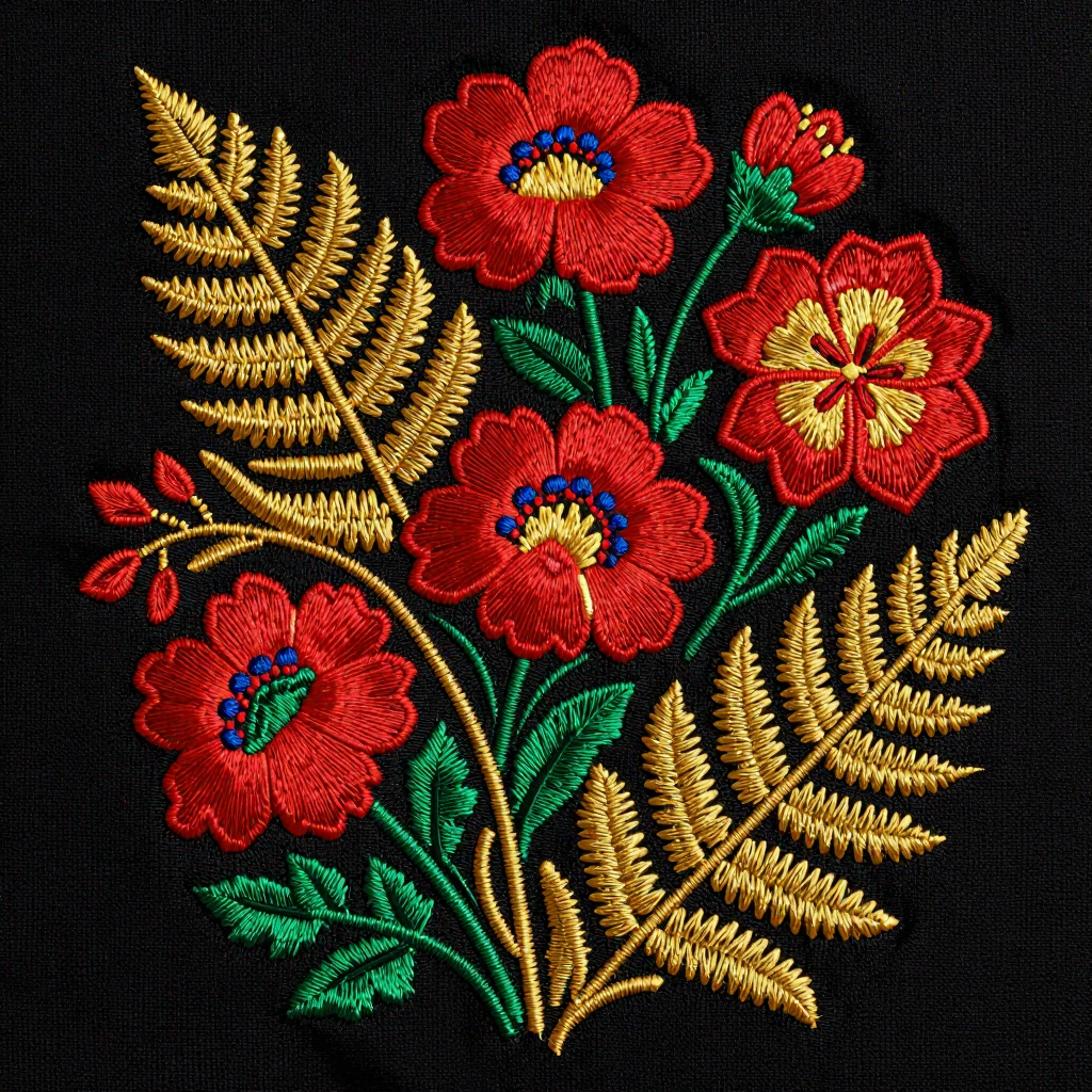 Нейропревью машинной вышивки в традиционных хохломских цветах.