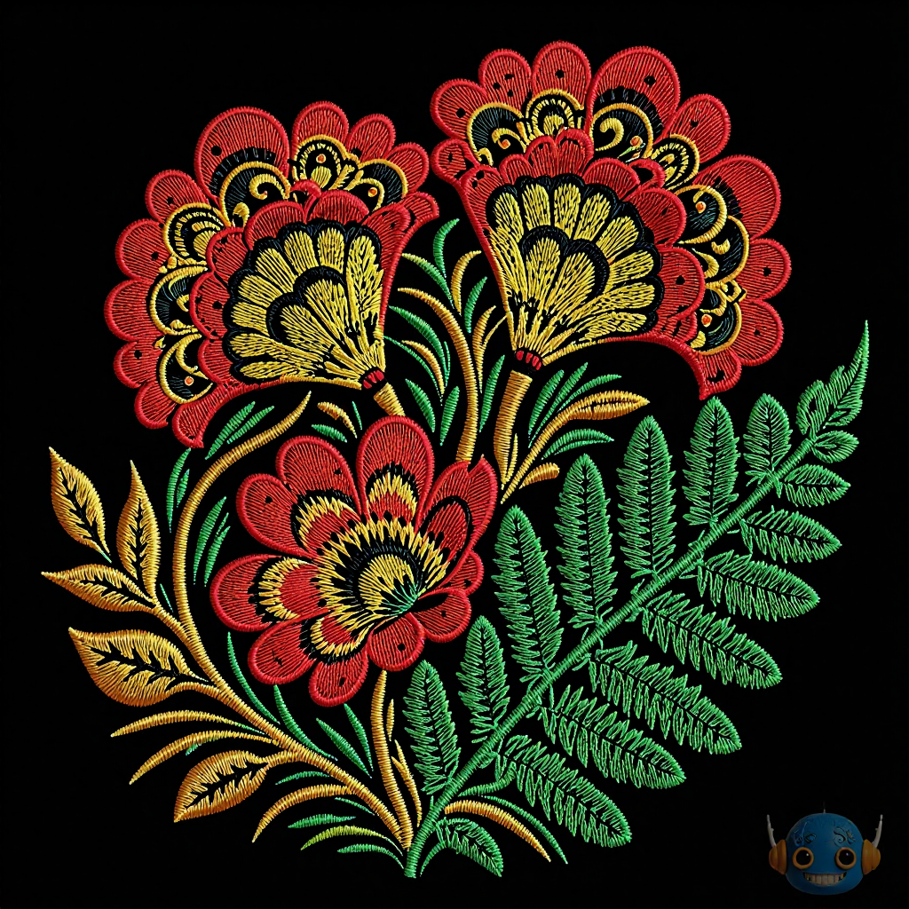 Нейропревью машинной вышивки в традиционных хохломских цветах.