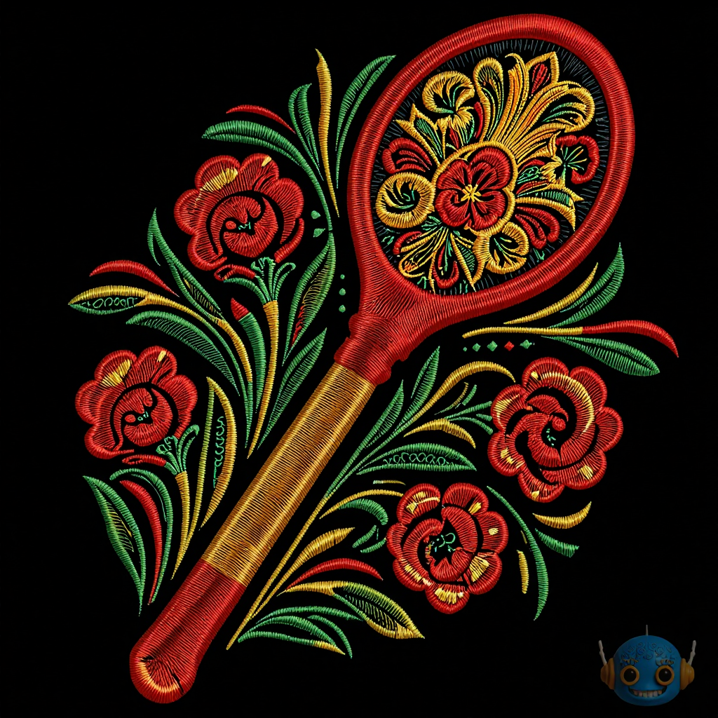 Нейропревью машинной вышивки в традиционных хохломских цветах.