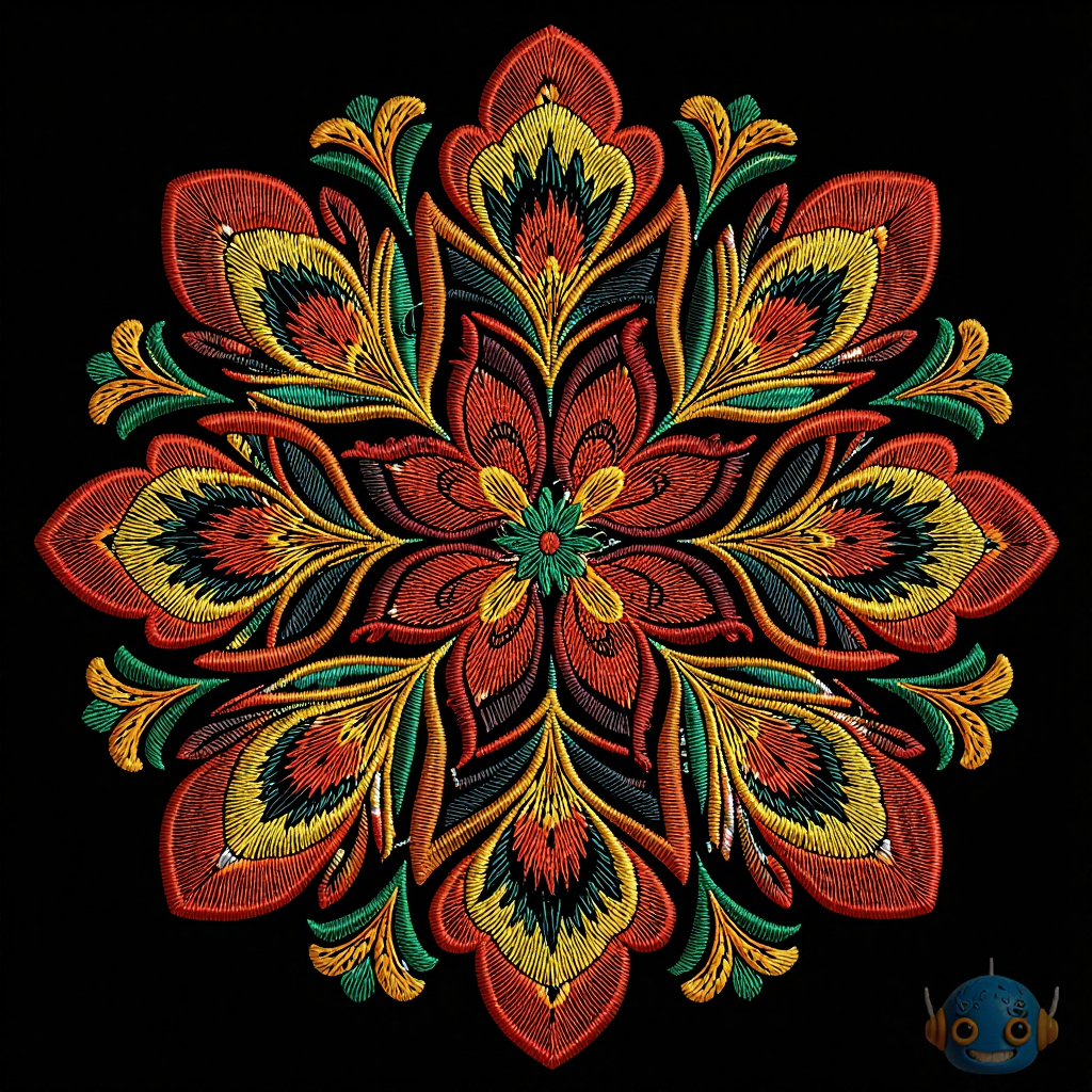 Нейропревью машинной вышивки в традиционных хохломских цветах.